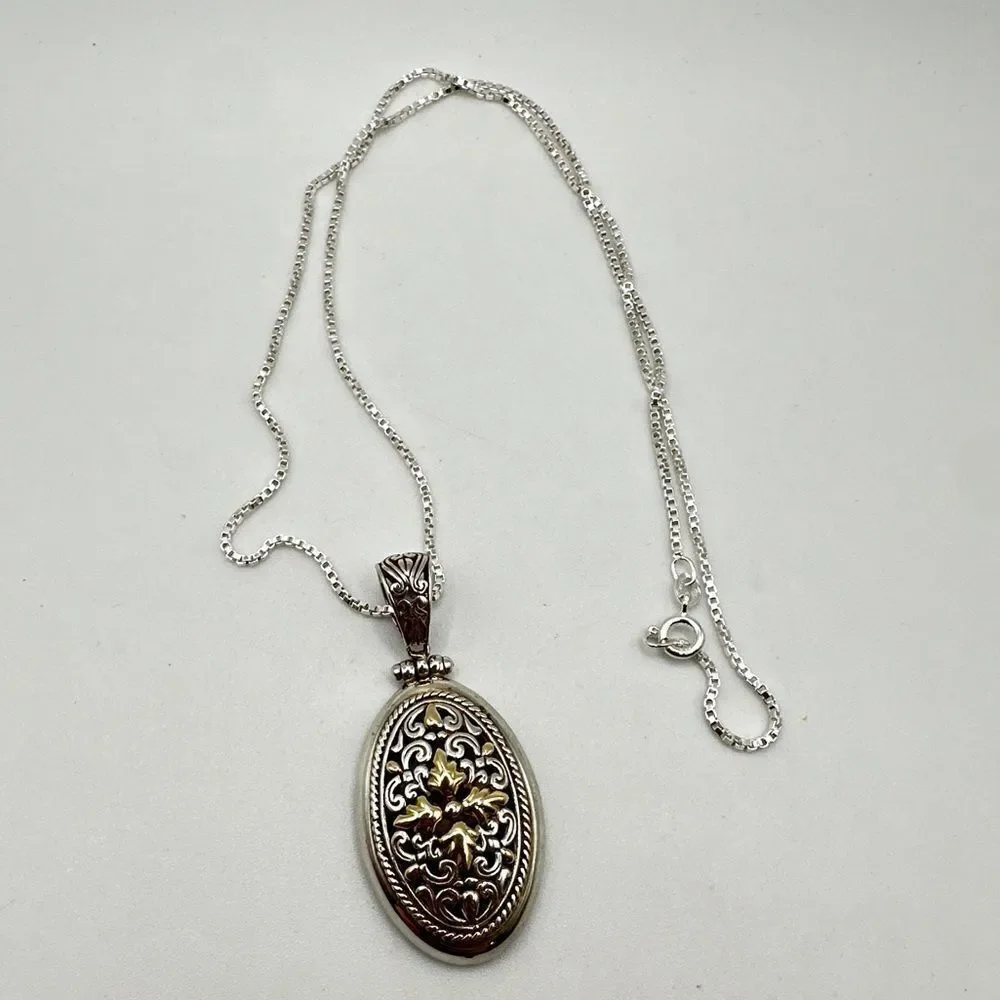 Stunning Oval-Filigree Silver and 14k Pendant with 20